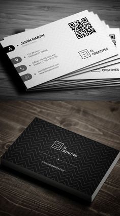 two business cards with black and white designs on them, one has a qr code