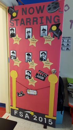 this is a door decorated with pictures and magnets to celebrate the start of school year