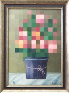 a painting of a potted plant with colorful squares on it