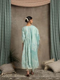 Tahira- Amber Light Blue Cotton Printed Salwar Suit by Maison Shefali now available at Trendroots Printed Salwar Suit, Gota Embroidery, Amber Light, Amber Lights, Printed Dupatta, Festive Wear, Colour Light, Salwar Suit, Sea Green