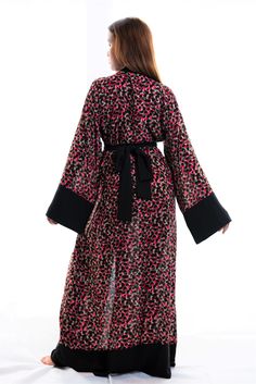 long kimono robe for tall women Chic Long Printed Kimono, Chic Black V-neck Kimono, Chic Pink Wrap Kimono, Black Summer Loungewear Robe, Elegant Black Kaftan With Floral Print, Elegant Black Summer Robe, Elegant Black Kimono For Loungewear, Elegant Black Loungewear Kimono, Black Open Front Robe For Loungewear