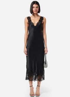 Midi length dress V-neckline with embroidery edge lace detail at neckline, straps and hem Side slits at the hem Unlined Black Lace Trim Dress, Silk And Lace Dress, Embroidery Edge, Ciaran Hinds, Black Mesh Dress, Iphone Instagram, Bias Cut Dress, Shearling Vest, Style Goals