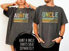 Are you looking for a gift for an aunt and uncle in your life? These matching shirts for an Aunt and Uncle are perfect gifts for New Aunts and/or New Uncles, or just to show off your own aunt and uncle title in a fun way! Shirts are sold individually. The Comfort Colors® Unisex tee is a soft-washed, garment-dyed fabric that brings extra coziness to your wardrobe while the relaxed fit makes it an excellent daily choice. The double-needle stitching throughout the tee makes it highly durable while the lack of side-seams helps the shirt retain its tubular shape.  - Medium fabric and 100% cotton - The pre-shrunk fabric ensures a consistently great fit. Check all available sizes in our Comfort Colors 1717 size chart.  - For best results, wash inside out in cold water and line dry or tumble dry l Uncle Buck Tia Clothes, Aunt And Uncle Shirts Funny, Aunt And Uncle Onesie, Fun Uncle Shirts, Uncle Tshirt Funny, Funcle Shirts, Hype Men, New Aunt, Auntie Shirts