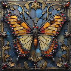 an intricately designed glass panel with a butterfly on it