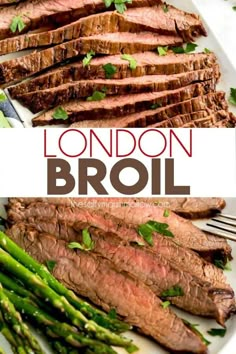 grilled steak and asparagus on a white plate with the title london broil