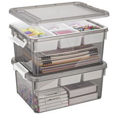 two plastic storage containers with drawers and dividers on the bottom one is filled with craft supplies