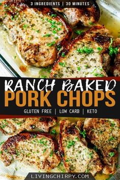 ranch baked pork chops with parsley on top in a glass baking dish and title overlay