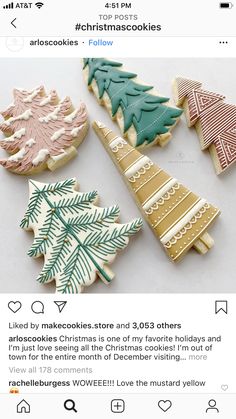 cookies decorated with christmas trees and snowflakes are on the instagram page for an article