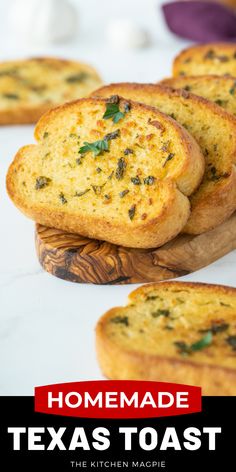 homemade texas toast on a wooden board with text overlay