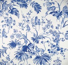 a blue and white wallpaper with birds, flowers and plants on it's side