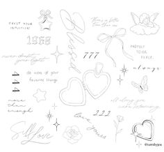 some drawings that have been drawn on the paper with words and symbols in them, including hearts