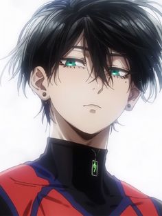 an anime character with black hair and green eyes looking at the camera while wearing a red shirt