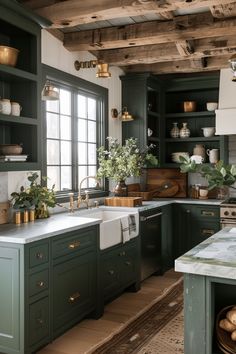 a kitchen with dark green cabinets and white counter tops, wooden beams in the ceiling