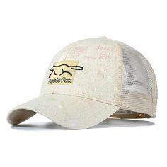 You will find that this baseball cap is a high quality, stylish cap made with high quality materials and is designed to be stylish and comfortable. Beige Baseball Cap With Letter Print, Beige Baseball Cap With Letter Print And Curved Brim, Summer Breathable Baseball Cap With Flat Brim, Beige Cap With Letter Print, Beige Letter Print Cap, Beige Snapback Hat With Letter Print, Trendy Breathable Cap, Beach Baseball Cap With Curved Bill For Baseball Season, Curved Bill Baseball Cap For Beach And Baseball Season