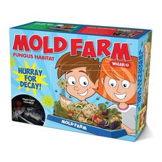 the box for mold farm has two faces and is blue with white lettering on it