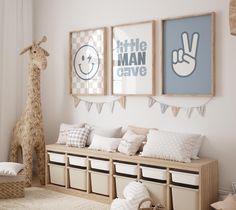 a child's room decorated in neutral colors