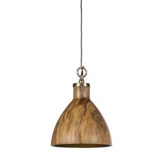 a wooden light hanging from a cord