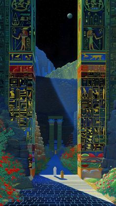 an egyptian scene with two columns and the moon in the sky above them, surrounded by flowers