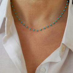 Turquoise Rosary Necklace made of high-quality 925 Sterling Silver coated with 14k gold layers. Classy necklace made of turquoise beads. Appropriate for both everyday or exceptional occasions. Also available in Sterling Silver option. Find similar necklaces here: https://www.etsy.com/listing/606617035/pearl-rosary-necklace-dainty-pearl?click_key=3304f481a68eb9e691254de0272e872262a15ad6%3A606617035&click_sum=631697d2&ga_search_query=rosary&ref=shop_items_search_16&pro=1&frs=1 https://www.etsy.com Turquoise Beaded Necklace With Delicate Chain As Gift, Dainty Turquoise Gemstone Beads Necklace As Gift, Blue Turquoise Necklace With Adjustable Chain, Turquoise Rosary With Round Beads As Gift, Black Rosary Necklace, Turquoise Rosary With Round Beads, Classy Necklace, Gold Disc Necklace, White Pearl Bracelet