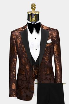 Brown-Floral-Tuxedo-Wedding-Suit-for-Men-from-Gentlemansguru.com Brown Groomsmen Suits, Brown Tux, Chocolate Tuxedo, Brown Groomsmen, Chocolate Brown Wedding, Brown Wedding Themes, Floral Tuxedo, Brown Tuxedo, Tuxedo Prom