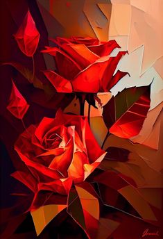 a painting of red roses on a brown background