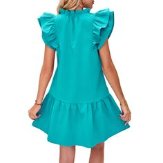 Lake Blue Ruffle Pleated Lace-up V Neck Dress Blue V-neck Ruffle Dress For Summer, Blue Ruffled Mini Dress For Day Out, Blue Mini Dress With Ruffle Hem For Vacation, Blue Mini Dress With Ruffles For Day Out, Light Blue Ruffled Mini Dress For Vacation, Light Blue Ruffled Mini Dress For Day Out, Blue Ruffle Sleeve Mini Dress For Beach, Blue Mini Dress With Ruffles For Spring, Blue Ruffled Mini Dress For Vacation