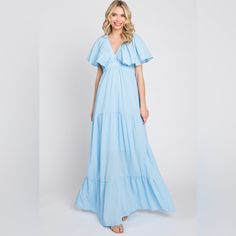 A Crepe Maxi Dress Featuring A V-Neckline, Short Flounce Sleeves, An Elastic Waist, And A Tiered Skirt. Skirt Is Partially Lined. She + Sky By Pinkblush. New With Tags. Small Inventory #P4007 Medium Inventory #P6870 Flowy Light Blue Maxi Dress For Brunch, Chic Light Blue Maxi Dress For Spring, Light Blue Maxi Dress For Spring Brunch, Flowy V-neck Dress For Brunch, Chic Flutter Sleeve Maxi Dress For Spring, Chic Spring Maxi Dress With Flutter Sleeves, Breezy Light Blue Maxi Dress For Spring, Spring Light Blue Maxi Dress For Brunch, Blue Flutter Sleeve Maxi Dress For Vacation