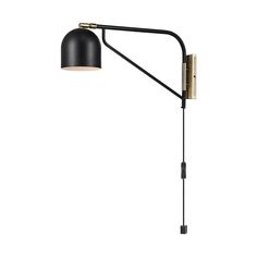 a black and gold wall lamp on a white background, with the arm extended to one side