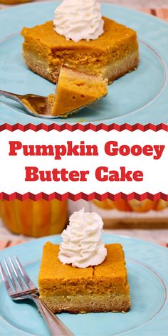 pumpkin gooey butter cake on a blue plate with a fork and cupcake in the background