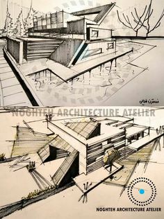 two drawings of different types of architecture