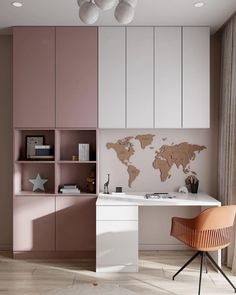 an office with a desk, chair and shelving unit in the corner that has a world map on it