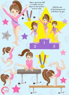 the instructions for how to do gymnastics with girls in pink and purple outfits, on a blue