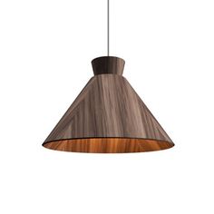 a wooden light hanging from a ceiling fixture with a brown shade on the top and bottom