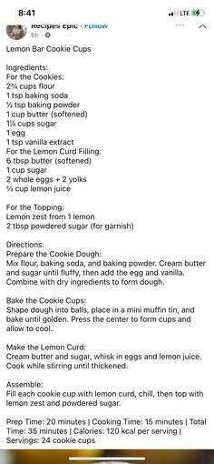 the recipe for lemon bar cookie cups is shown in this screenshot from an iphone