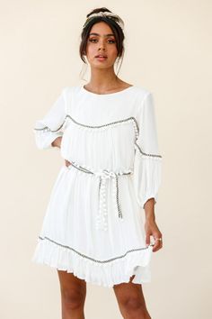 Shop Dresses | Hot Party Dresses | Hot Dresses | Selfie Leslie, Color: White Pink Dress Shoes, Tan Mules, Pom Pom Dress, Selfie Leslie, Brunch Dress, White Tunic, Tunic Style, Clothing Tags, Basic Dress