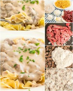 four different types of pasta with meat, cheese and sauce on them are shown in this collage