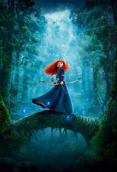 a red - haired girl with long hair is standing on a bridge in the woods