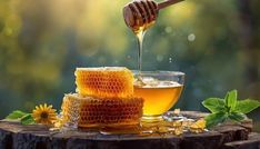 honey is being poured into a glass bowl with honeycombs and flowers around it