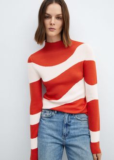 Perkins neck knitted sweater -  Women | Mango USA Lurex Sweater, Colorful Wardrobe, Oversized Wool Coat, Red Fits, Knit Turtleneck Sweater, Knitting Women Sweater, Sweater Making, Layered Look, Knitted Sweater