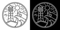 an image of a lighthouse in the middle of two different designs, one is black and white