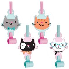 four cat toy holders are shown in different colors and designs, one is pink, the other is blue