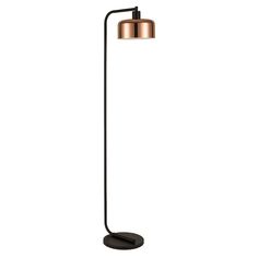 a floor lamp with a black base and a copper shade on the top, in front of a white background