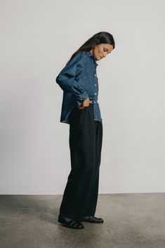 Our classic denim trouser with single front pleats and a slightly curved leg. Hitting at your natural waist, we love the Field Pants cinched with a favorite belt. Designed in our new Tencel Bull Denim, with a soft yet structured feel. It's the perfect, everyday uniform pant. Field Pants, Everyday Uniform, Uniform Pants, Denim Trousers, The Field, Pants, Black, Trousers