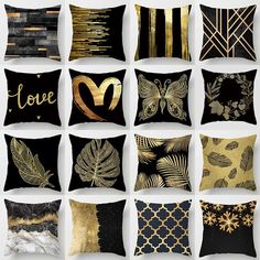 black and gold pillows with different designs on them, including one that says i love you