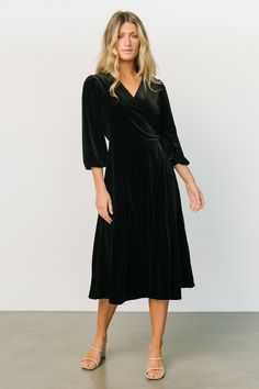 Black Wrap Dress With Tie Waist For Date Night, Black Tie Waist Wrap Dress For Date Night, Black Wrap Dress With Surplice Neckline For Fall, Black Midi Dress With Tie Waist And Surplice Neckline, Wrap Dress Outfit, Conference Outfit, Wrap Dress Black, Velvet Wrap Dress, Baltic Born