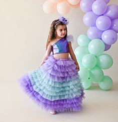 Our skirt, specially made for little princesses, has elasticated waist and lined inside. Their top blouses are lycra and crop cut. Hair accessories are not included. Tulle Mermaid Dress With Ruffles For Pageant, Tulle Mermaid Dress With Ruffles, Pageant Mermaid Dress With Ruffles, Purple Ruffled Mermaid Dress, Purple Mermaid Dress For Dress-up, Purple Ruffled Mermaid Dress For Party, Purple Ruffled Mermaid Party Dress, Blue Mermaid Dress For Pageant, Pageant Ruffle Mermaid Dress