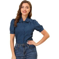 This shirt is suitable for office, work, seminar, or anywhere requiring formal wearing, and easy to easy-to-match skirt, jeans, or any pants. Create a chic style for your daily career wardrobe with this work shirt. A basic button-up firm shirt with elegant looking, stylish, and feminine. A chic and feminine short-sleeve blouse with a spread collar brings instant romance to any look. Puff Sleeve Shirt For Work, Solid Office Lady Tops With Button Closure, Office Lady Button-up Tops For Business Casual, Button-up Tops For Business Casual, Business Casual Button-up Tops For Office, Office Lady Top With Button Closure, Puff Sleeve Shirt With Button Closure For Work, Collared Solid Color Office Shirt, Solid Color Collared Office Shirt