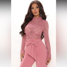 Fashion Nova Pink Lace Jumpsuit. Brand New With Tags Attached!! Size M Elegant High Waist Pink Jumpsuits And Rompers, Elegant Pink High-waist Jumpsuits And Rompers, Elegant Pink Bodysuit For Night Out, Feminine Fitted Long Sleeve Bodysuit, Feminine Long Sleeve Fitted Bodysuit, Chic Pink Party Bodysuit, Feminine Pink Bodysuit For Party, Feminine Pink Party Bodysuit, High Waist Evening Bodysuit For Spring