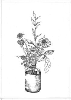 a black and white drawing of flowers in a vase