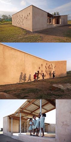 two pictures of people walking on the side of a building and another photo of children playing